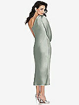 Rear View Thumbnail - Willow Green One-Shoulder Puff Sleeve Midi Bias Dress with Side Slit