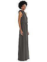 Side View Thumbnail - Caviar Gray Scarf Tie High Neck Blouson Bodice Maxi Dress with Front Slit