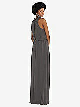 Rear View Thumbnail - Caviar Gray Scarf Tie High Neck Blouson Bodice Maxi Dress with Front Slit