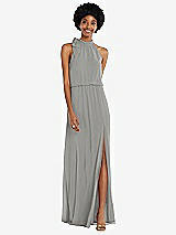 Front View Thumbnail - Chelsea Gray Scarf Tie High Neck Blouson Bodice Maxi Dress with Front Slit