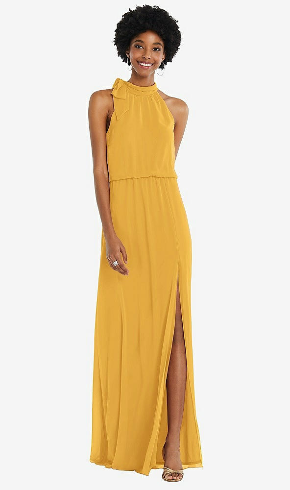 Front View - NYC Yellow Scarf Tie High Neck Blouson Bodice Maxi Dress with Front Slit
