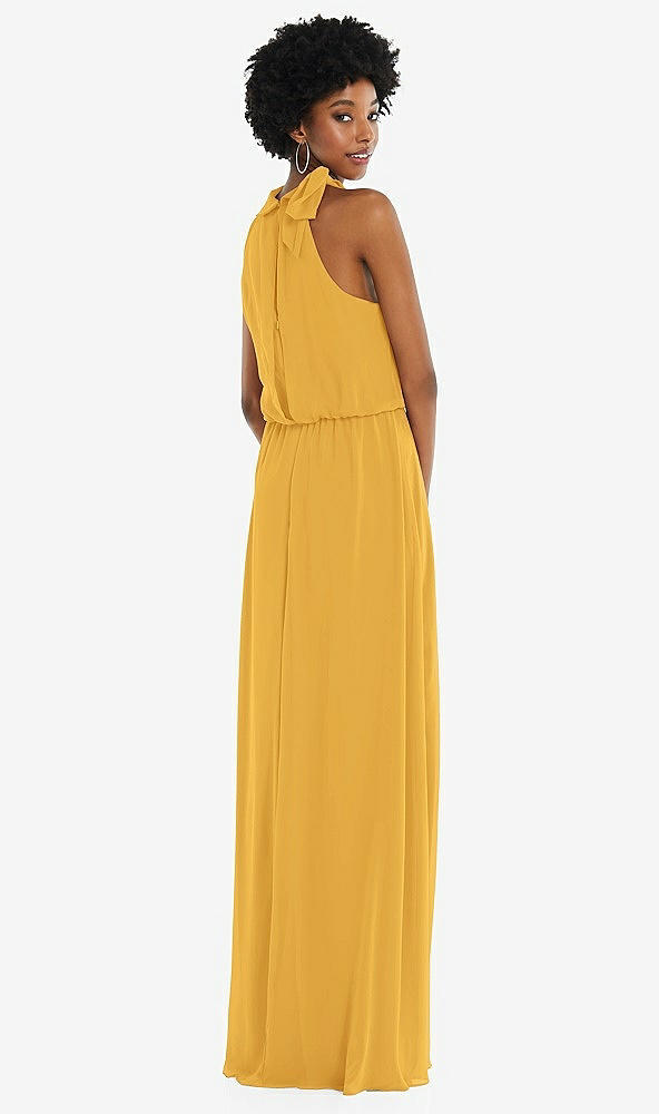 Back View - NYC Yellow Scarf Tie High Neck Blouson Bodice Maxi Dress with Front Slit