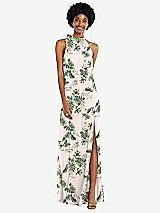 Front View Thumbnail - Palm Beach Print Scarf Tie High Neck Blouson Bodice Maxi Dress with Front Slit