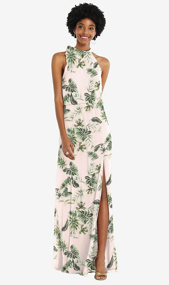 Front View - Palm Beach Print Scarf Tie High Neck Blouson Bodice Maxi Dress with Front Slit