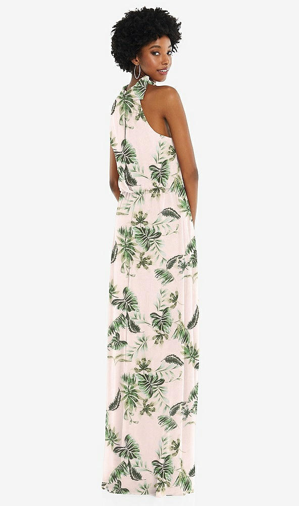 Back View - Palm Beach Print Scarf Tie High Neck Blouson Bodice Maxi Dress with Front Slit