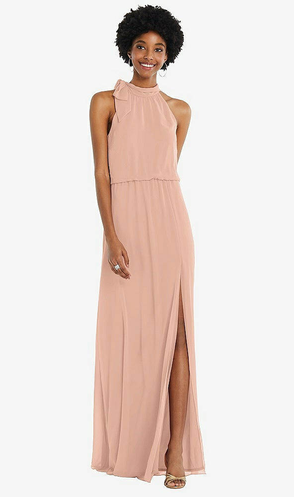 Front View - Pale Peach Scarf Tie High Neck Blouson Bodice Maxi Dress with Front Slit