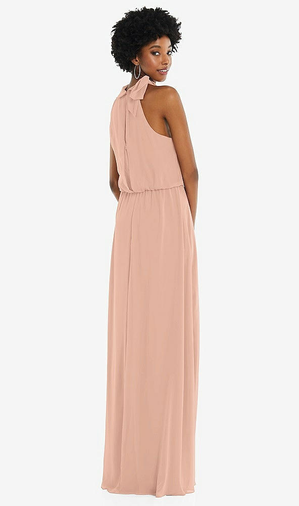 Back View - Pale Peach Scarf Tie High Neck Blouson Bodice Maxi Dress with Front Slit
