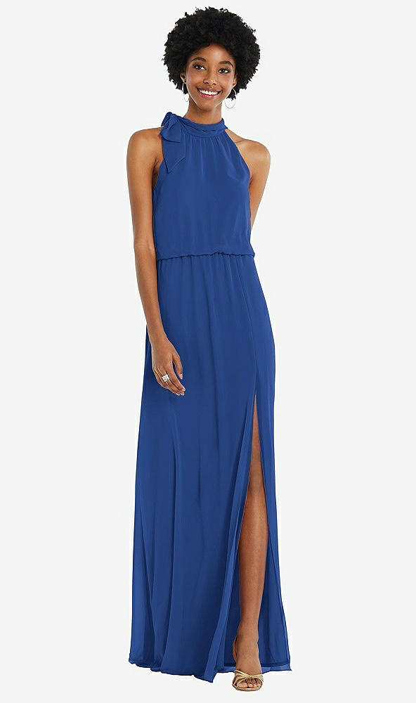Front View - Classic Blue Scarf Tie High Neck Blouson Bodice Maxi Dress with Front Slit