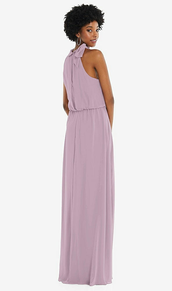 Back View - Suede Rose Scarf Tie High Neck Blouson Bodice Maxi Dress with Front Slit