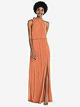 Front View Thumbnail - Sweet Melon Scarf Tie High Neck Blouson Bodice Maxi Dress with Front Slit