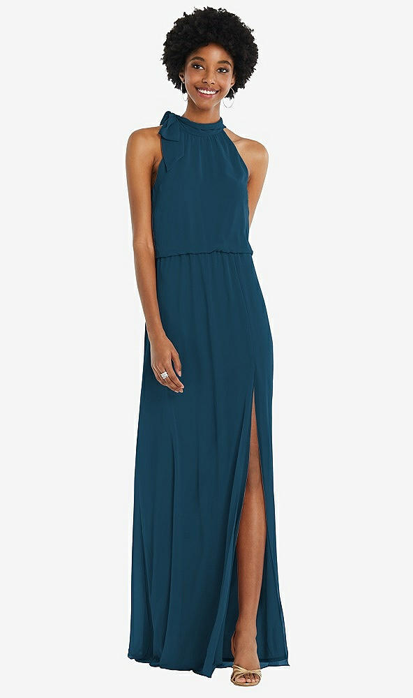 Front View - Atlantic Blue Scarf Tie High Neck Blouson Bodice Maxi Dress with Front Slit