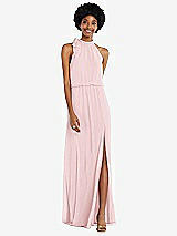 Front View Thumbnail - Ballet Pink Scarf Tie High Neck Blouson Bodice Maxi Dress with Front Slit