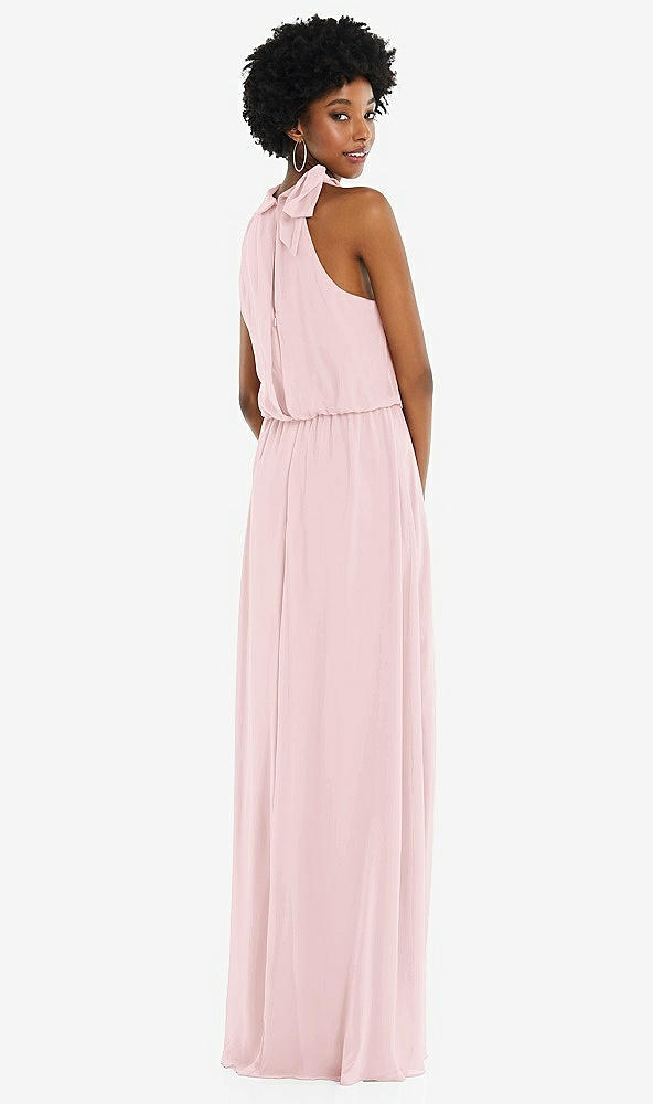Back View - Ballet Pink Scarf Tie High Neck Blouson Bodice Maxi Dress with Front Slit