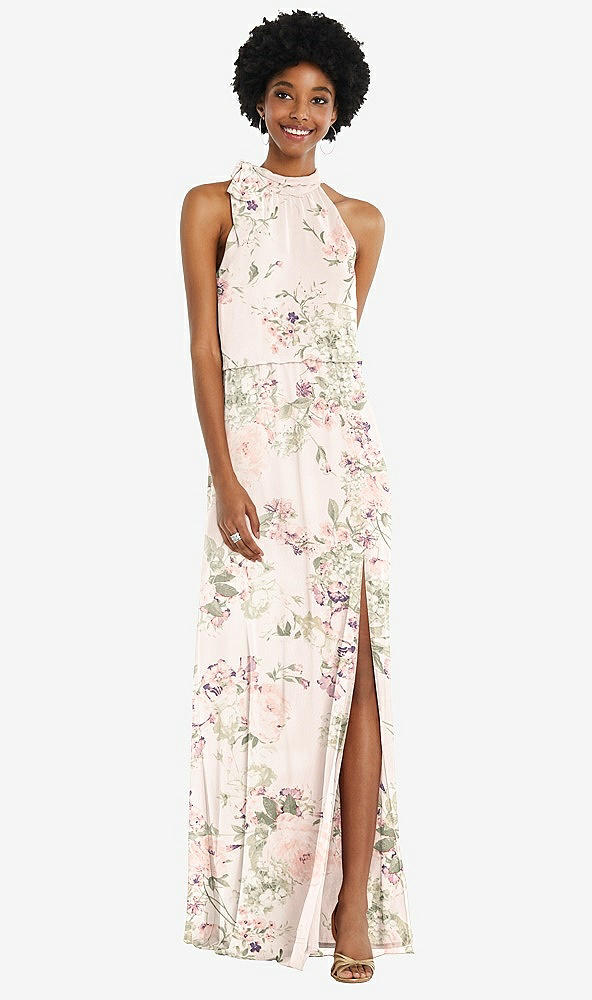 Front View - Blush Garden Scarf Tie High Neck Blouson Bodice Maxi Dress with Front Slit
