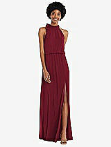 Front View Thumbnail - Burgundy Scarf Tie High Neck Blouson Bodice Maxi Dress with Front Slit