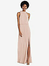 Front View Thumbnail - Cameo Scarf Tie High Neck Blouson Bodice Maxi Dress with Front Slit