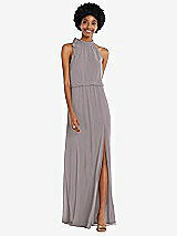 Front View Thumbnail - Cashmere Gray Scarf Tie High Neck Blouson Bodice Maxi Dress with Front Slit