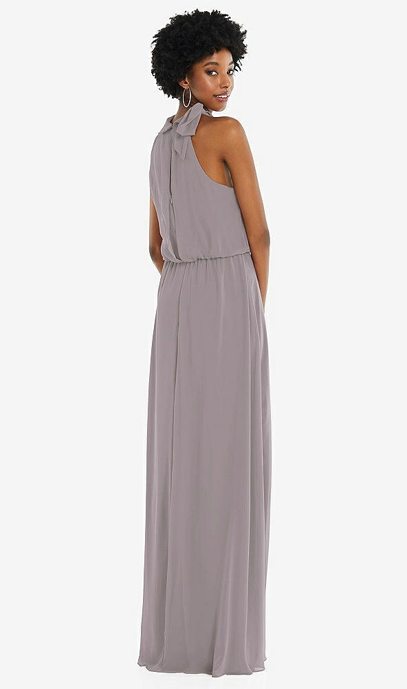 Back View - Cashmere Gray Scarf Tie High Neck Blouson Bodice Maxi Dress with Front Slit