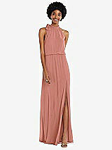 Front View Thumbnail - Desert Rose Scarf Tie High Neck Blouson Bodice Maxi Dress with Front Slit