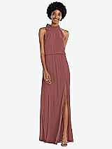 Front View Thumbnail - English Rose Scarf Tie High Neck Blouson Bodice Maxi Dress with Front Slit