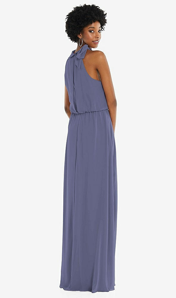 Back View - French Blue Scarf Tie High Neck Blouson Bodice Maxi Dress with Front Slit