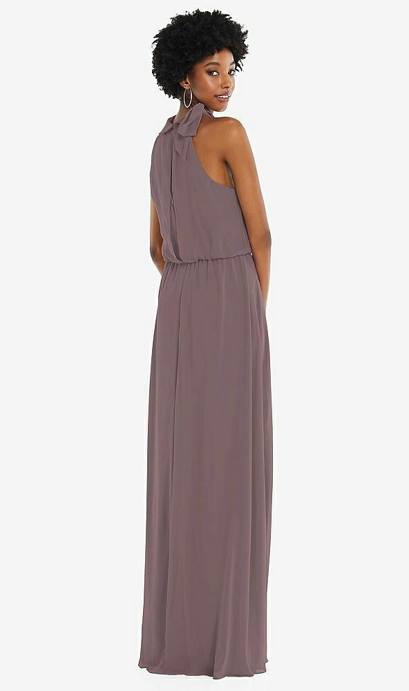 Back View - French Truffle Scarf Tie High Neck Blouson Bodice Maxi Dress with Front Slit