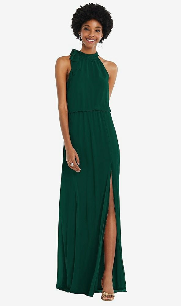 Front View - Hunter Green Scarf Tie High Neck Blouson Bodice Maxi Dress with Front Slit