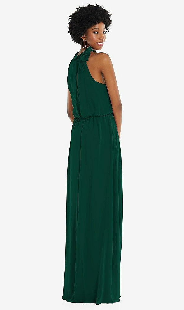 Back View - Hunter Green Scarf Tie High Neck Blouson Bodice Maxi Dress with Front Slit