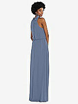 Rear View Thumbnail - Larkspur Blue Scarf Tie High Neck Blouson Bodice Maxi Dress with Front Slit