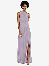 Front View Thumbnail - Lilac Haze Scarf Tie High Neck Blouson Bodice Maxi Dress with Front Slit