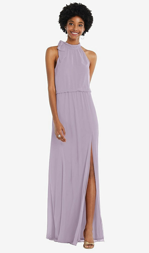 Front View - Lilac Haze Scarf Tie High Neck Blouson Bodice Maxi Dress with Front Slit
