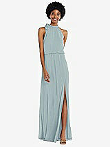 Front View Thumbnail - Morning Sky Scarf Tie High Neck Blouson Bodice Maxi Dress with Front Slit