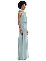 Side View Thumbnail - Morning Sky Scarf Tie High Neck Blouson Bodice Maxi Dress with Front Slit