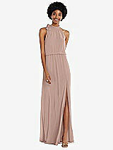 Front View Thumbnail - Neu Nude Scarf Tie High Neck Blouson Bodice Maxi Dress with Front Slit