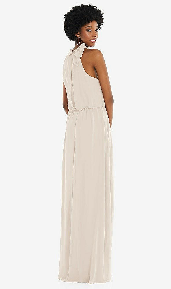 Back View - Oat Scarf Tie High Neck Blouson Bodice Maxi Dress with Front Slit