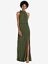 Front View Thumbnail - Olive Green Scarf Tie High Neck Blouson Bodice Maxi Dress with Front Slit