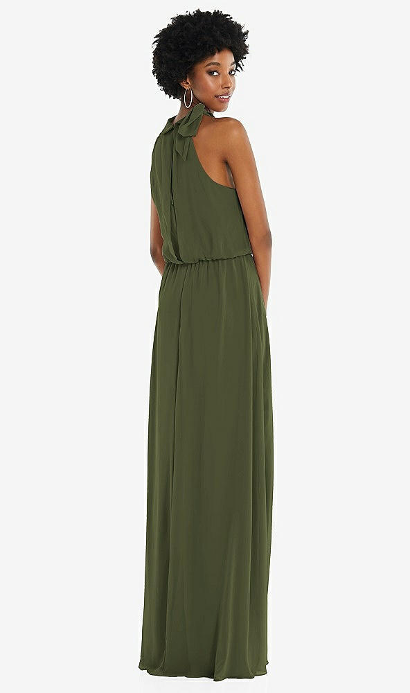 Back View - Olive Green Scarf Tie High Neck Blouson Bodice Maxi Dress with Front Slit