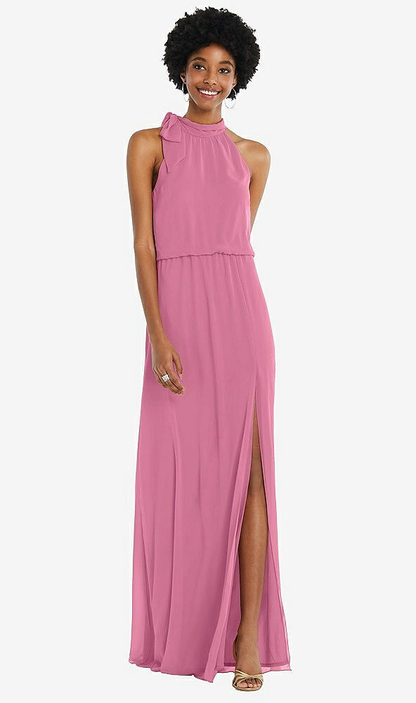 Front View - Orchid Pink Scarf Tie High Neck Blouson Bodice Maxi Dress with Front Slit