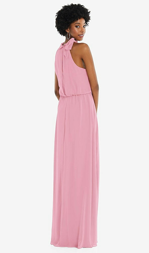 Back View - Peony Pink Scarf Tie High Neck Blouson Bodice Maxi Dress with Front Slit