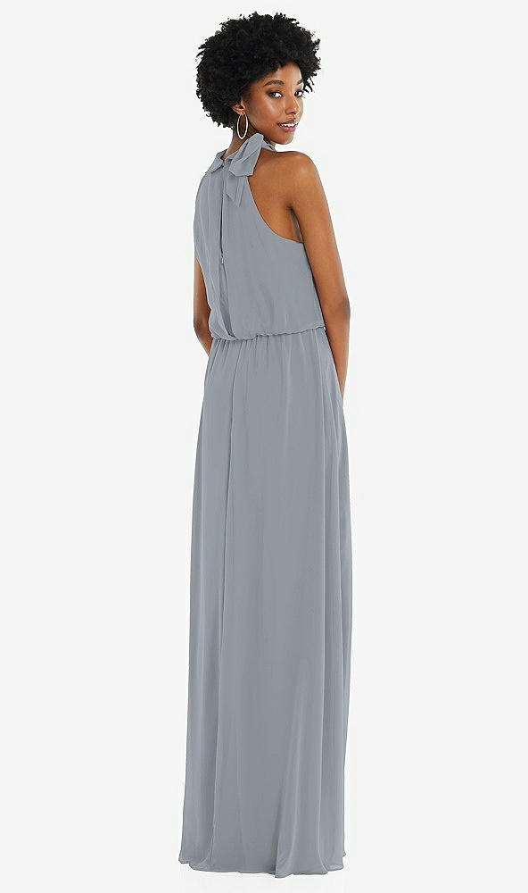 Back View - Platinum Scarf Tie High Neck Blouson Bodice Maxi Dress with Front Slit