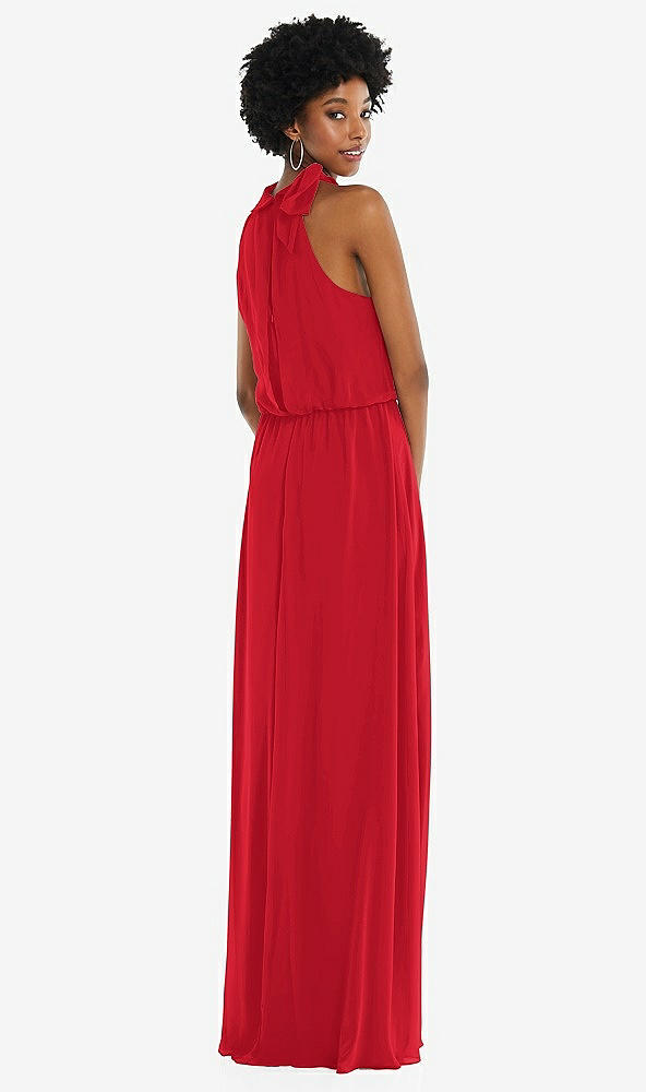 Back View - Parisian Red Scarf Tie High Neck Blouson Bodice Maxi Dress with Front Slit