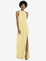 Front View Thumbnail - Pale Yellow Scarf Tie High Neck Blouson Bodice Maxi Dress with Front Slit
