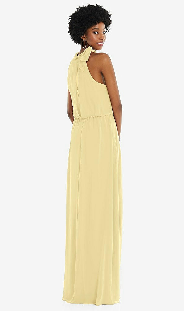 Back View - Pale Yellow Scarf Tie High Neck Blouson Bodice Maxi Dress with Front Slit