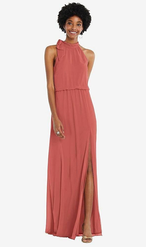 Front View - Coral Pink Scarf Tie High Neck Blouson Bodice Maxi Dress with Front Slit