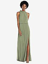 Front View Thumbnail - Sage Scarf Tie High Neck Blouson Bodice Maxi Dress with Front Slit