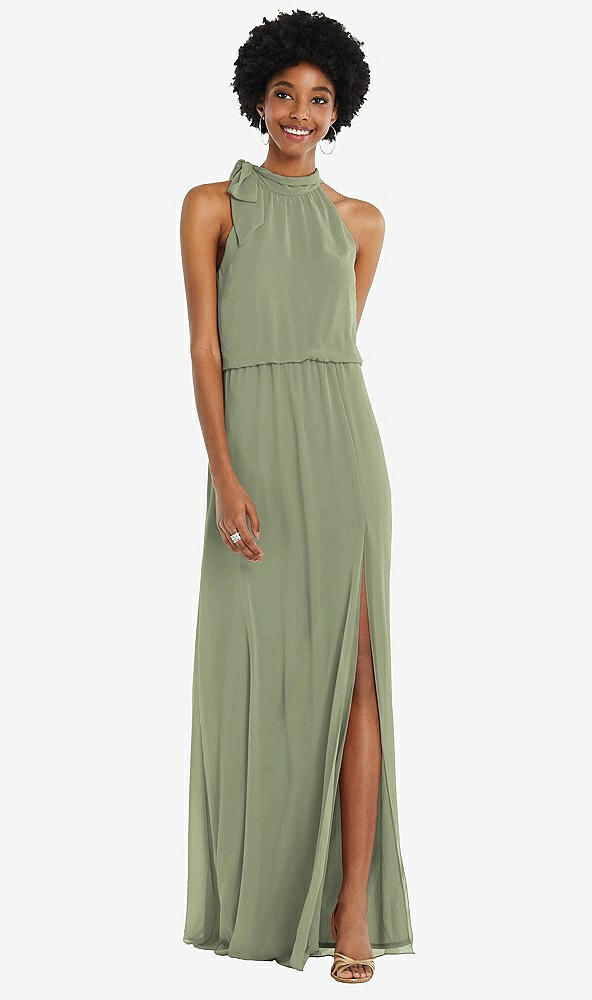 Front View - Sage Scarf Tie High Neck Blouson Bodice Maxi Dress with Front Slit