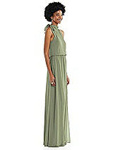 Side View Thumbnail - Sage Scarf Tie High Neck Blouson Bodice Maxi Dress with Front Slit