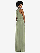 Rear View Thumbnail - Sage Scarf Tie High Neck Blouson Bodice Maxi Dress with Front Slit