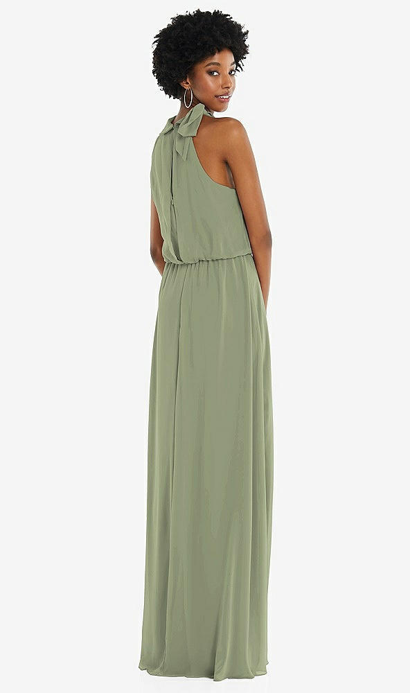 Back View - Sage Scarf Tie High Neck Blouson Bodice Maxi Dress with Front Slit