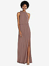 Front View Thumbnail - Sienna Scarf Tie High Neck Blouson Bodice Maxi Dress with Front Slit